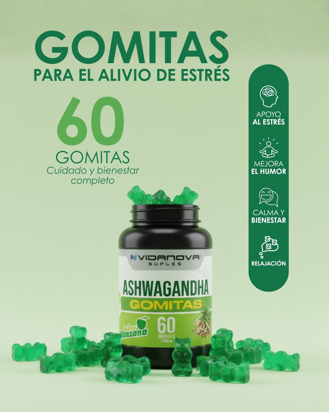 Ashwagandha Gomitas Suplemento 60 Unidades 1000 mg Sabor Manzana